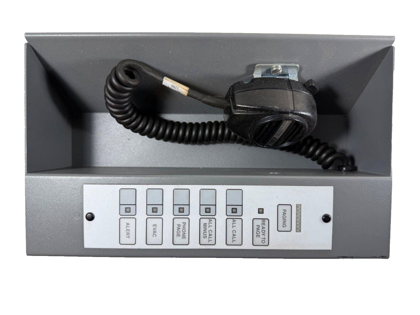 Fire alarm paging station with coiled handset and emergency buttons for alert, evac, and all-call functions