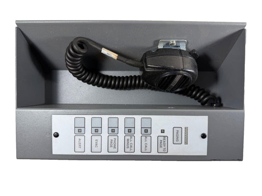 Fire alarm paging station with coiled handset and emergency buttons for alert, evac, and all-call functions