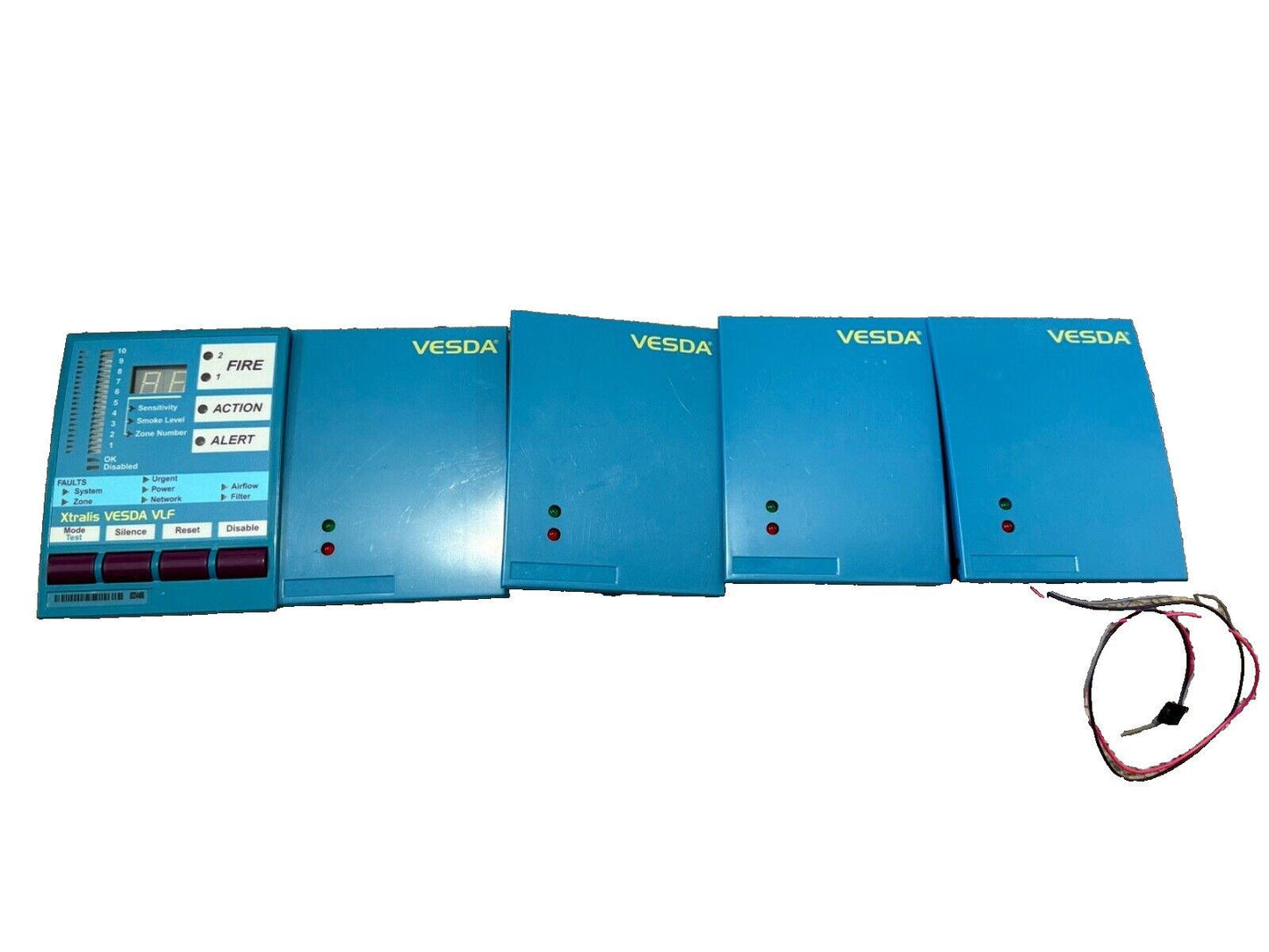 VESDA VLF fire alarm control panel with status indicators and wiring, used fire safety equipment