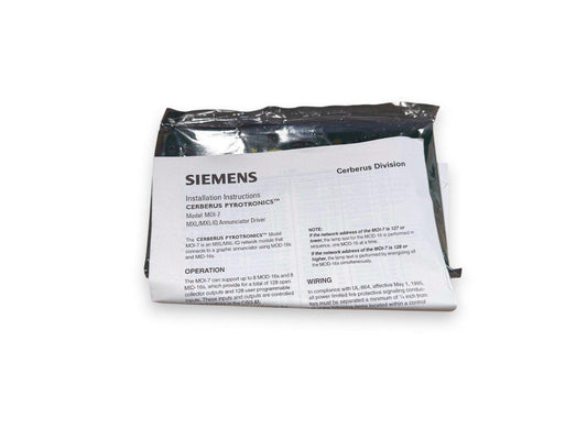 Siemens Cerberus Pyrotronics MOI-7 fire alarm module with installation instructions, packaged for sale