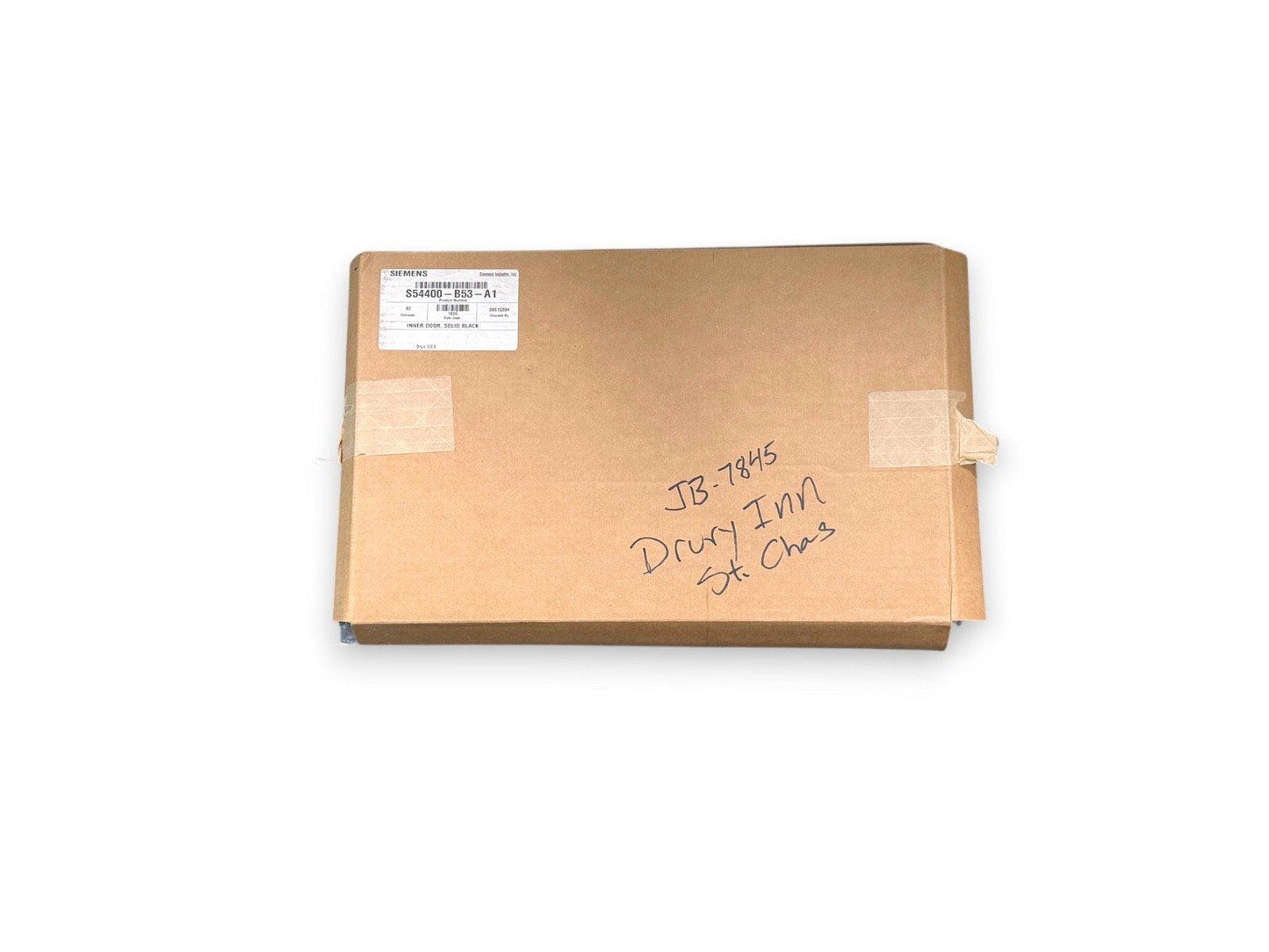Siemens fire alarm equipment box, model S54400-B53-A1, labeled for Drury Inn, secure packaging