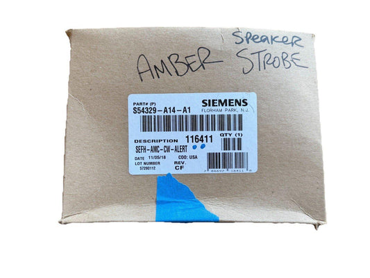 Siemens fire alarm speaker strobe, model S54329-A14-A1, amber alert device in original packaging
