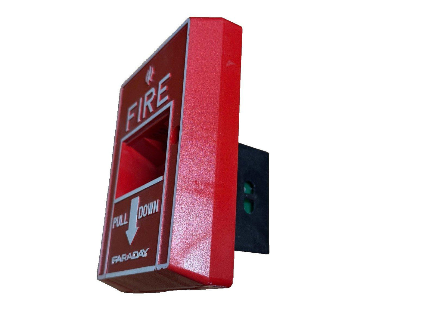 Red Faraday fire alarm pull station with 'PULL DOWN' instruction for emergency use