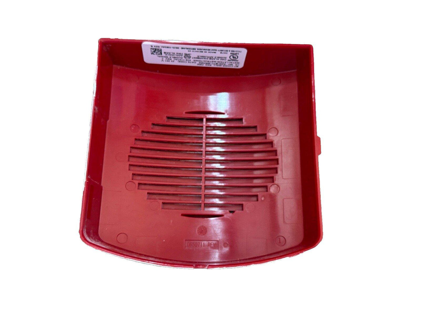 Red fire alarm horn speaker cover with slotted grille and UL label, for fire safety systems