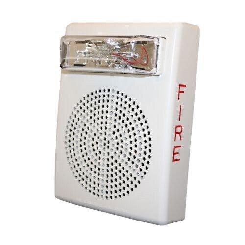 White fire alarm horn strobe with red FIRE label and circular speaker grille