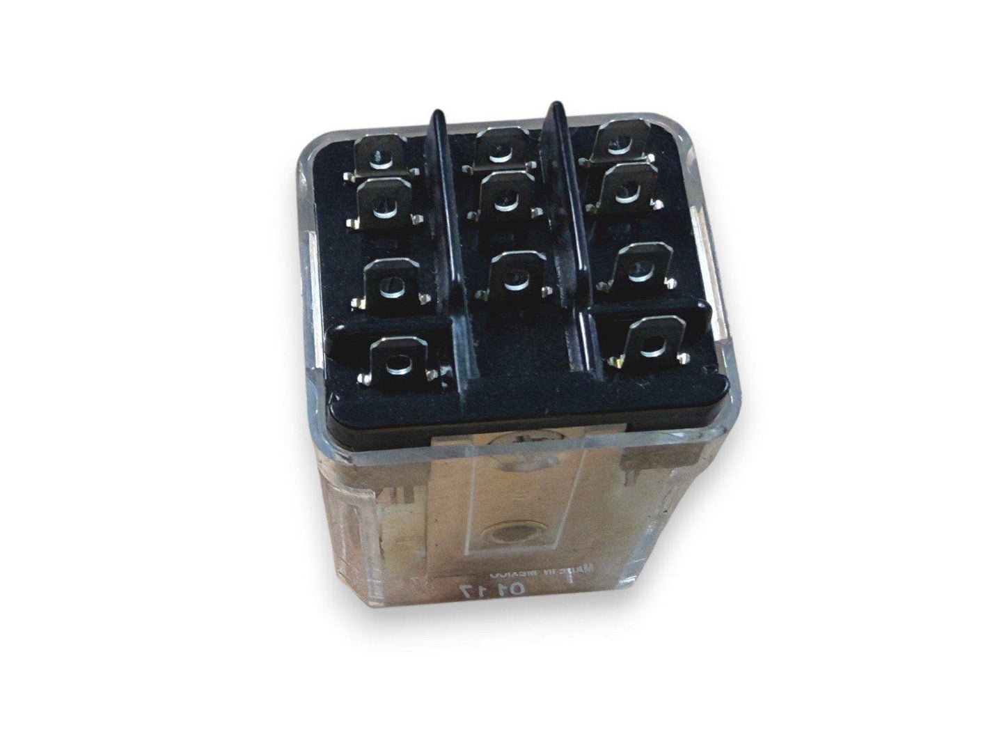 Fire alarm relay module with clear housing and terminal connectors for commercial safety systems