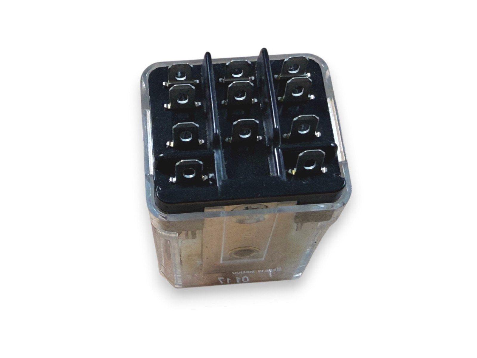 Fire alarm relay module with clear housing and terminal connectors for commercial safety systems