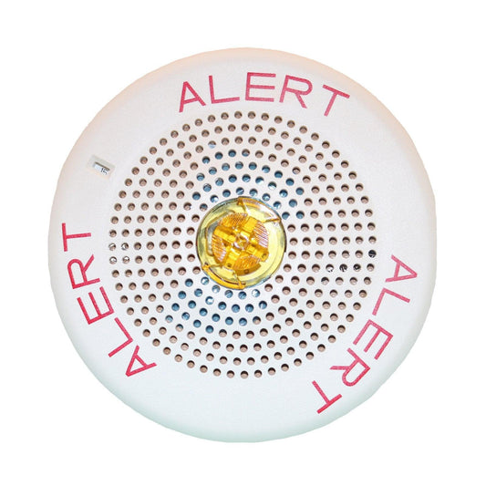 White fire alarm strobe with red ALERT text and yellow light, for commercial safety systems