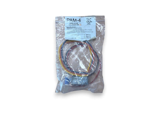 PAM-4 fire alarm module with colored wires, UL listed, in clear packaging for fire safety systems