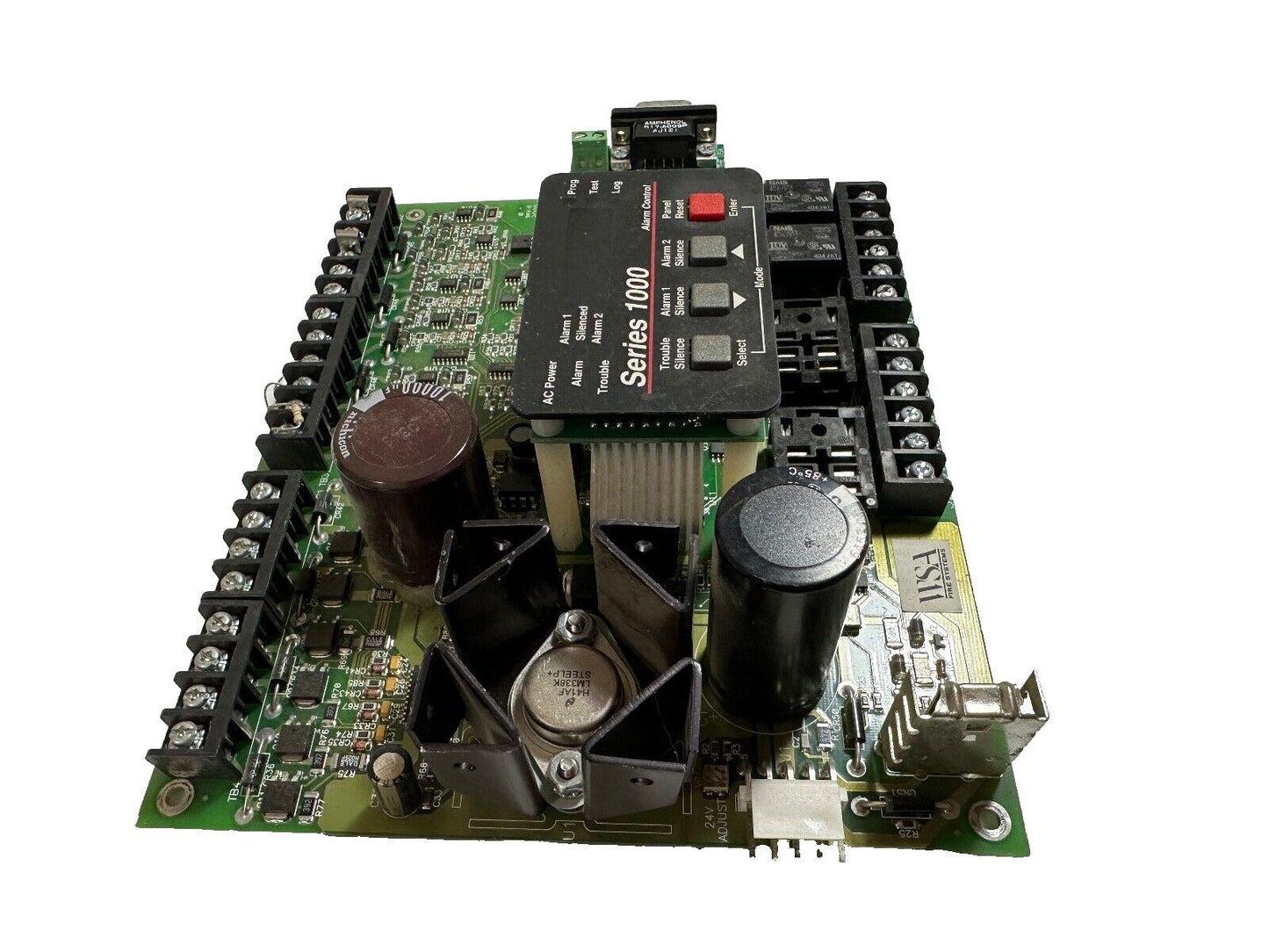 Series 1000 fire alarm control panel circuit board with terminal blocks and capacitors