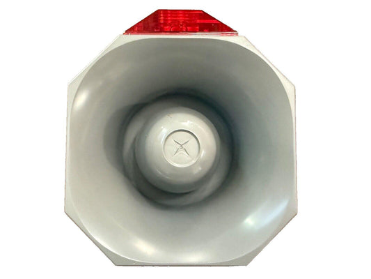 White fire alarm horn with red strobe light, used for emergency warning systems