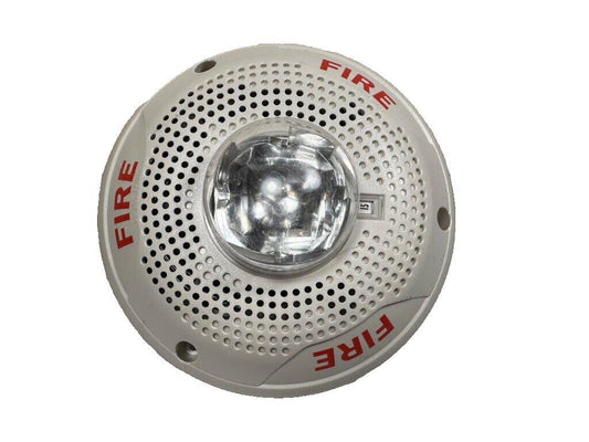 Fire alarm strobe light with red FIRE labels and perforated cover for emergency warning systems