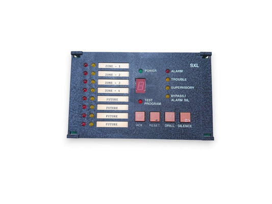 SXL fire alarm control panel with zone indicators, LED status lights, and control buttons for alarm, test, and silence functions