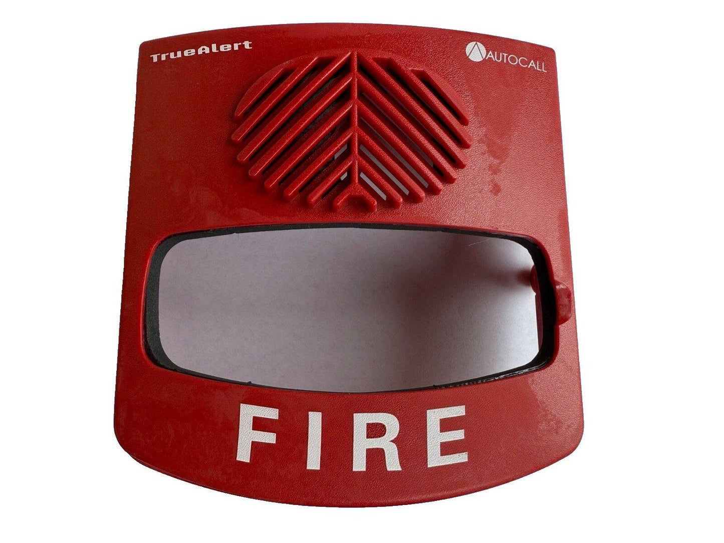 Red TrueAlert fire alarm with AUTOCELL logo and 'FIRE' label, for commercial fire safety systems