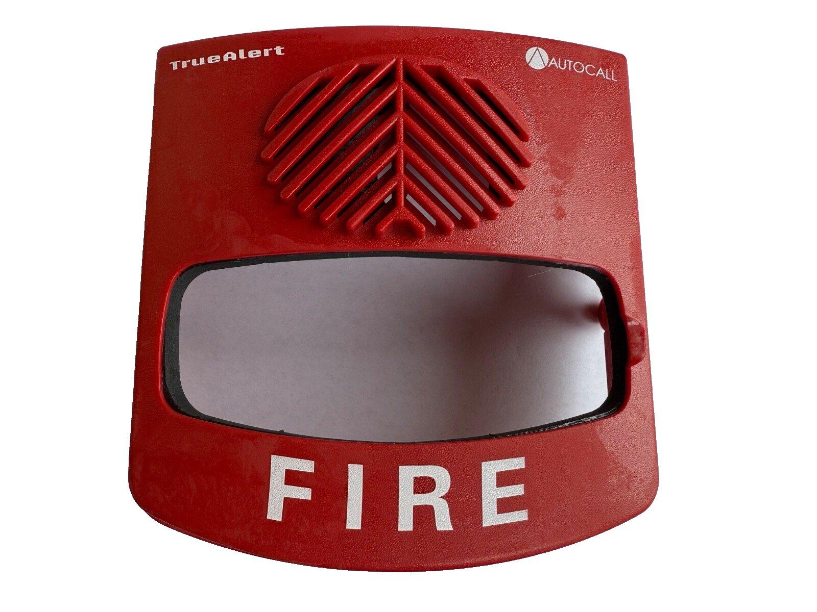 Red TrueAlert fire alarm with AUTOCELL logo and 'FIRE' label, for commercial fire safety systems