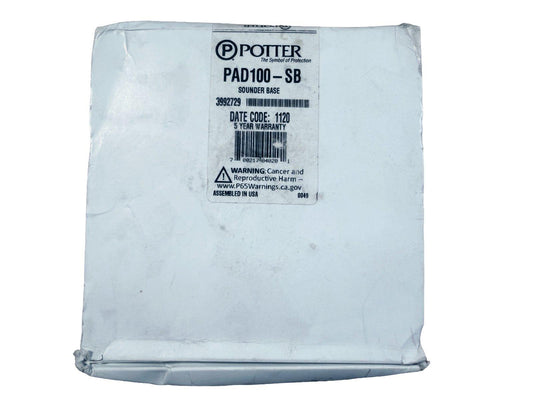 Potter PAD100-SB sounder base fire alarm component in original packaging, 5-year warranty, assembled in USA
