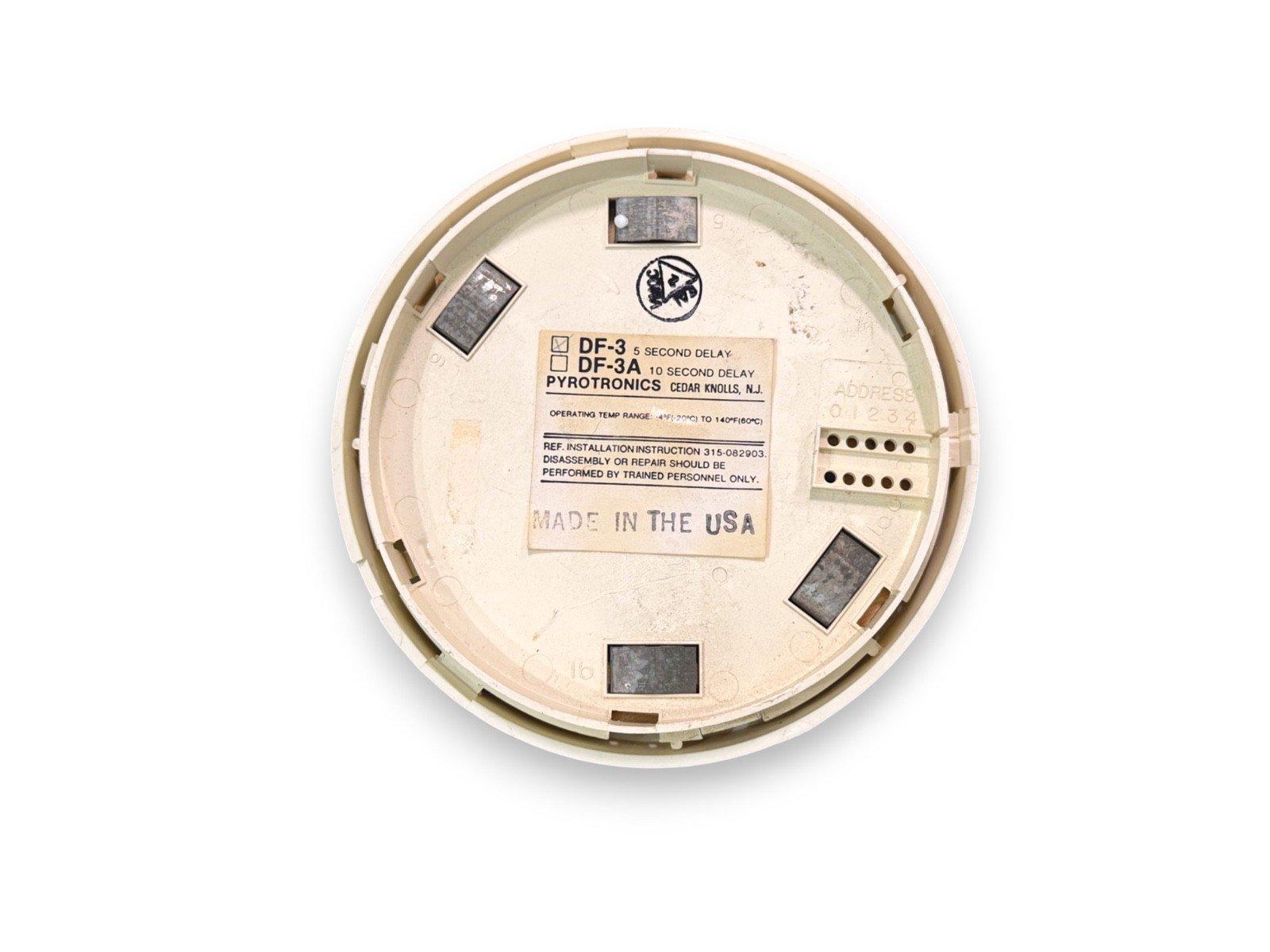 Pyrotronics DF-3 fire alarm detector back view, made in USA, with delay settings and terminal connections