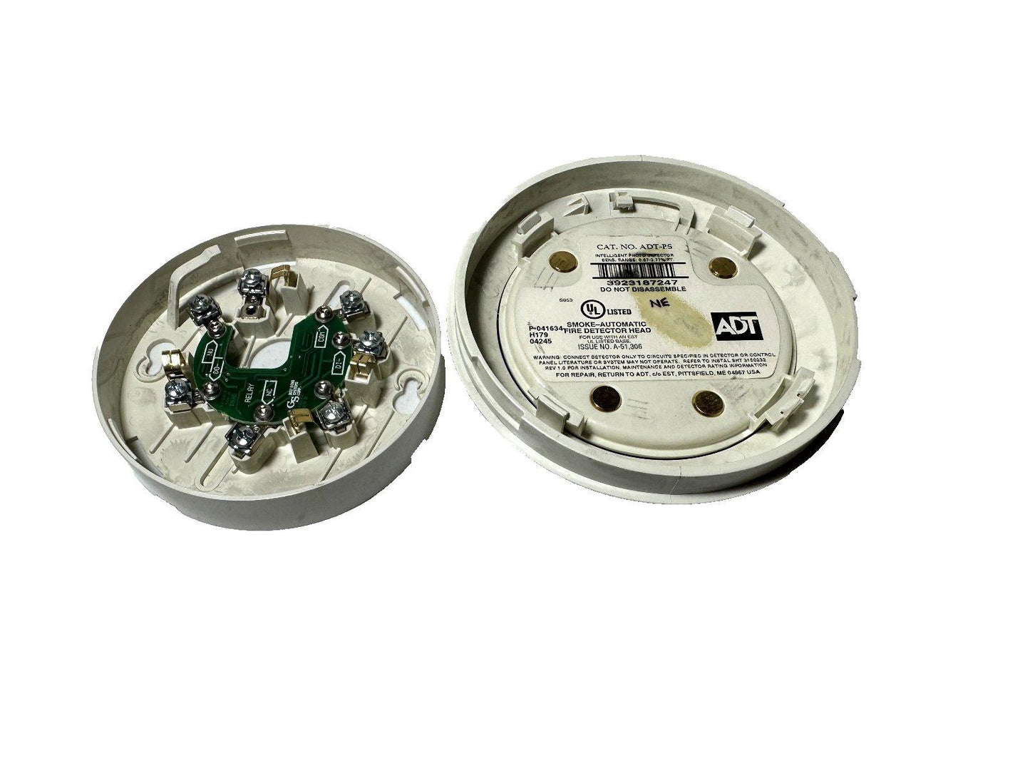ADT smoke detector head with circuit board and wiring terminals, UL listed fire alarm component