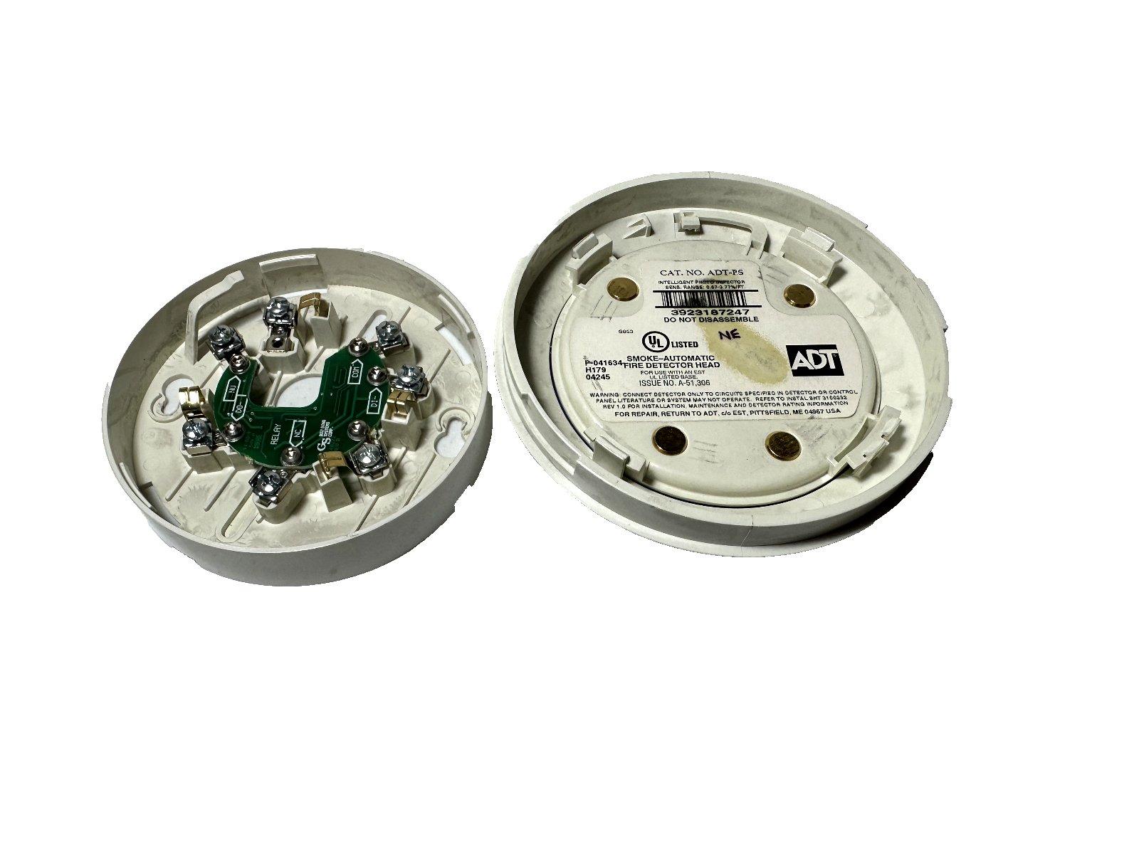 ADT smoke detector head with circuit board and wiring terminals, UL listed fire alarm component