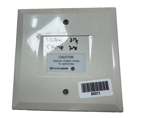 Potter-Nohmi fire alarm control panel with caution label and barcode, used fire safety equipment