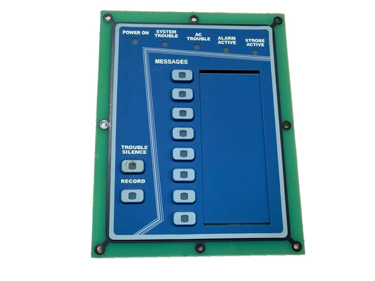 Fire alarm control panel with status indicators and message buttons for system monitoring