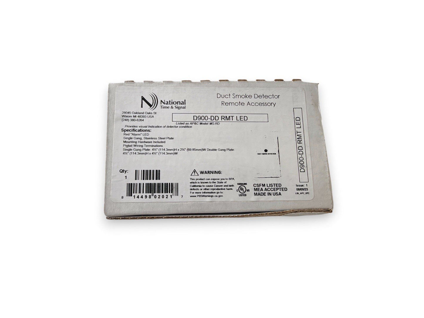 National Time & Signal D900-DD Duct Smoke Detector Remote Accessory (NEW IN BOX)
