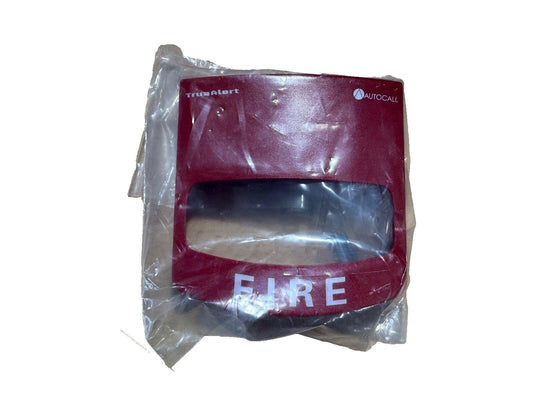 Red TrueAlert fire alarm pull station in plastic wrap, labeled FIRE, Autocall brand
