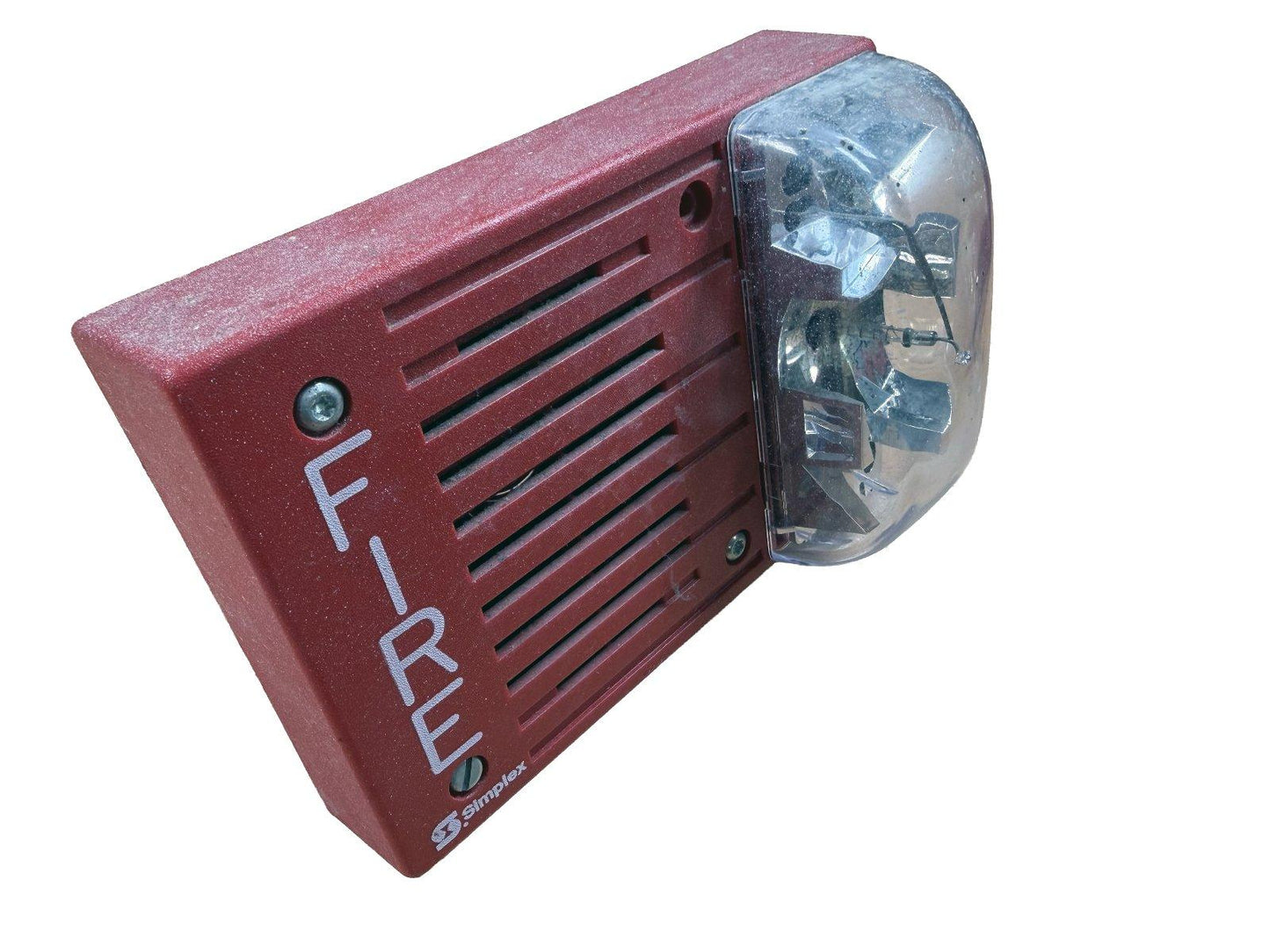 Red Simplex fire alarm horn strobe with clear lens and 'FIRE' label for commercial safety systems