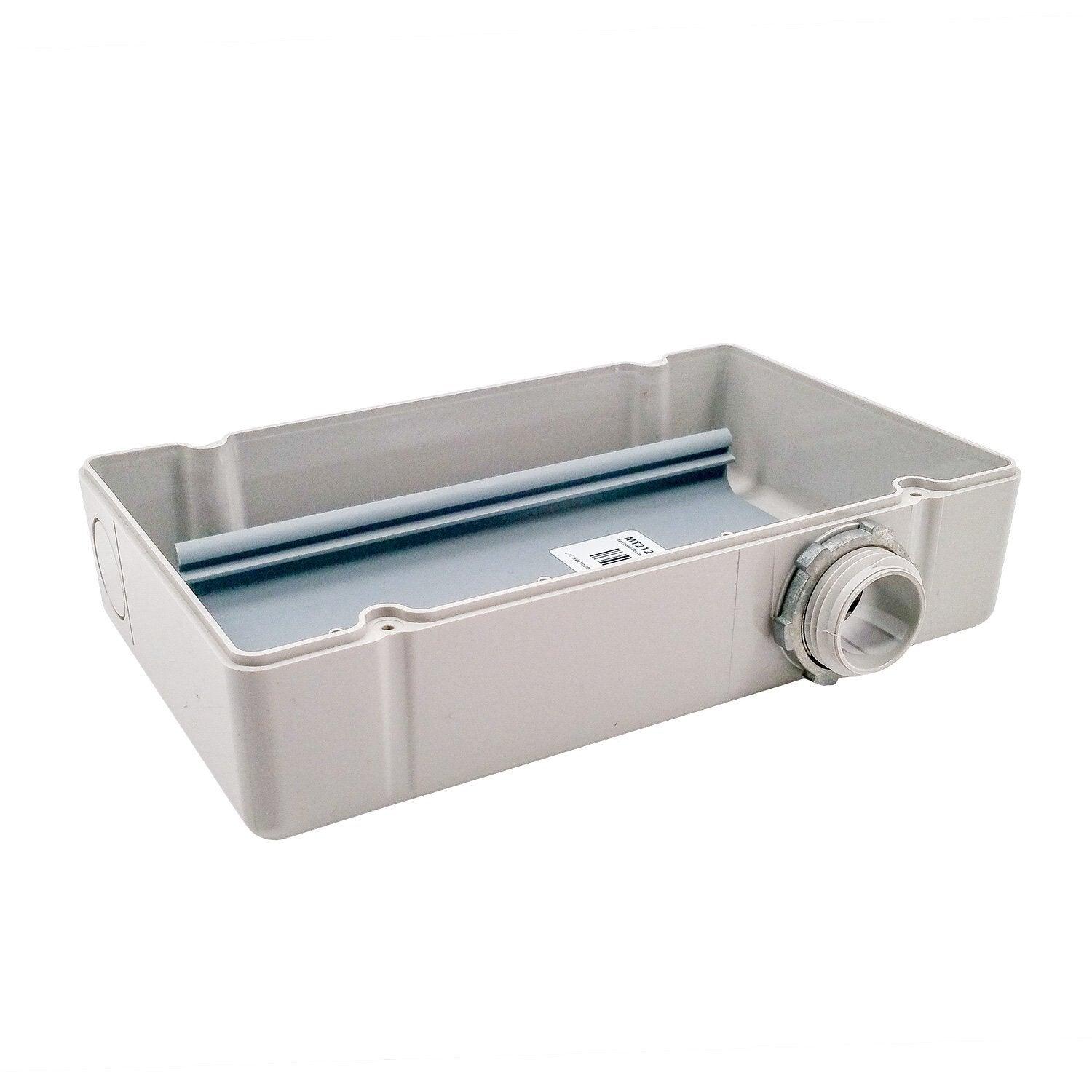 Gray fire alarm junction box with conduit fitting, used for electrical wiring in fire safety systems