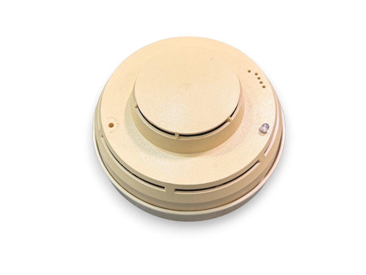 Beige smoke detector with LED indicator and test button for fire alarm systems