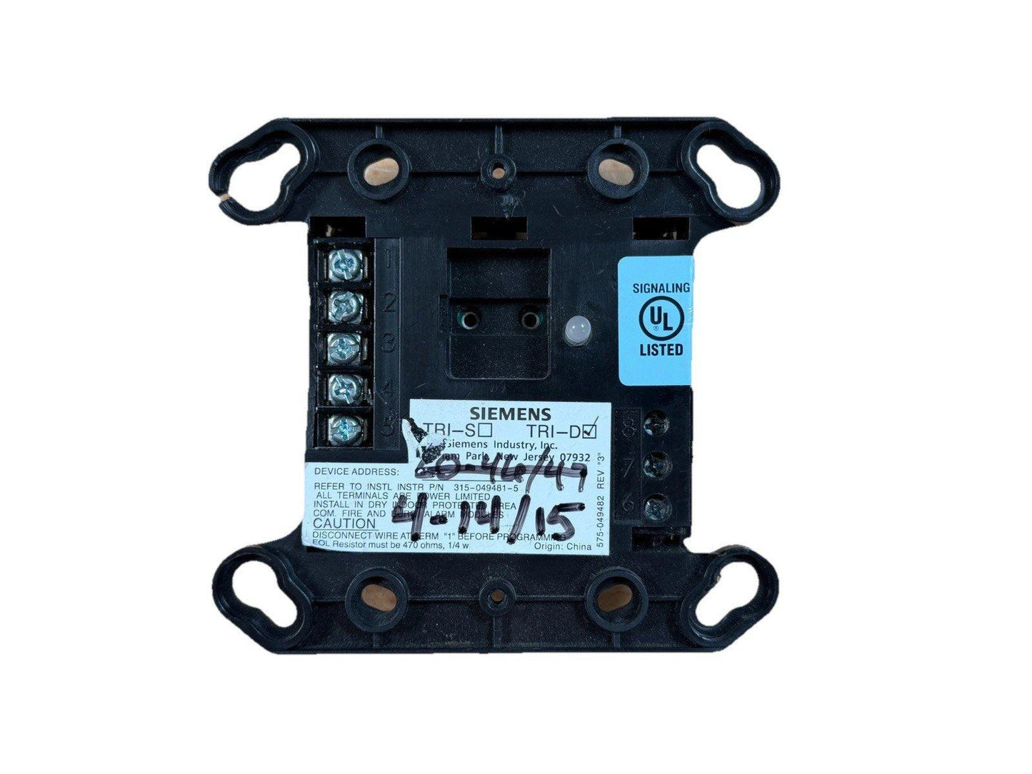 Siemens TRI-D fire alarm control module with UL listed signaling, terminal connections, and device label