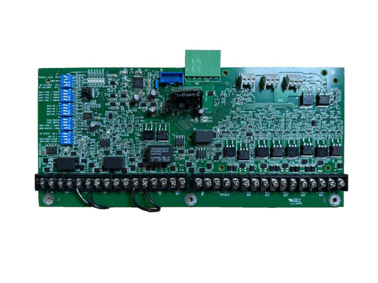 Fire alarm control panel circuit board with relays and connectors for commercial security systems