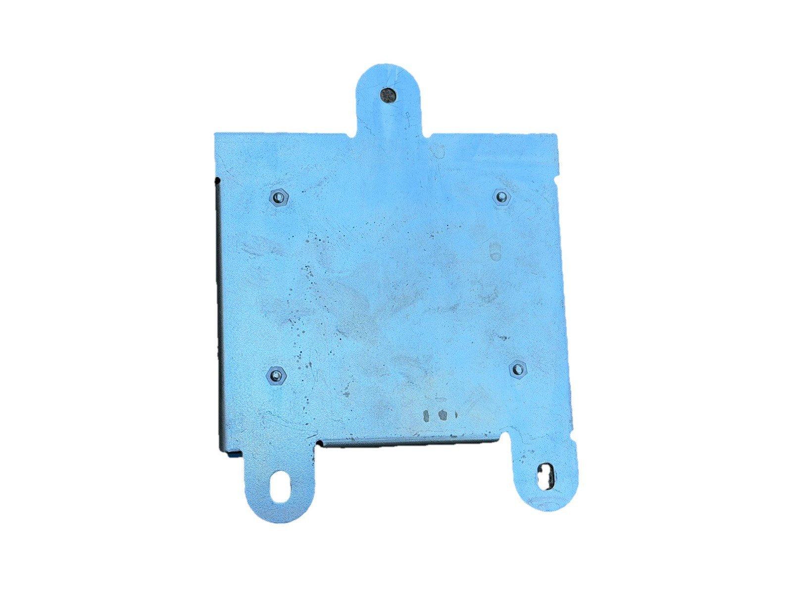 Blue fire alarm mounting bracket with screw holes and keyhole slots for secure installation