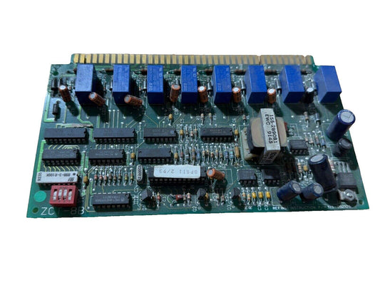 Fire alarm control panel circuit board with relays and capacitors, used fire safety equipment