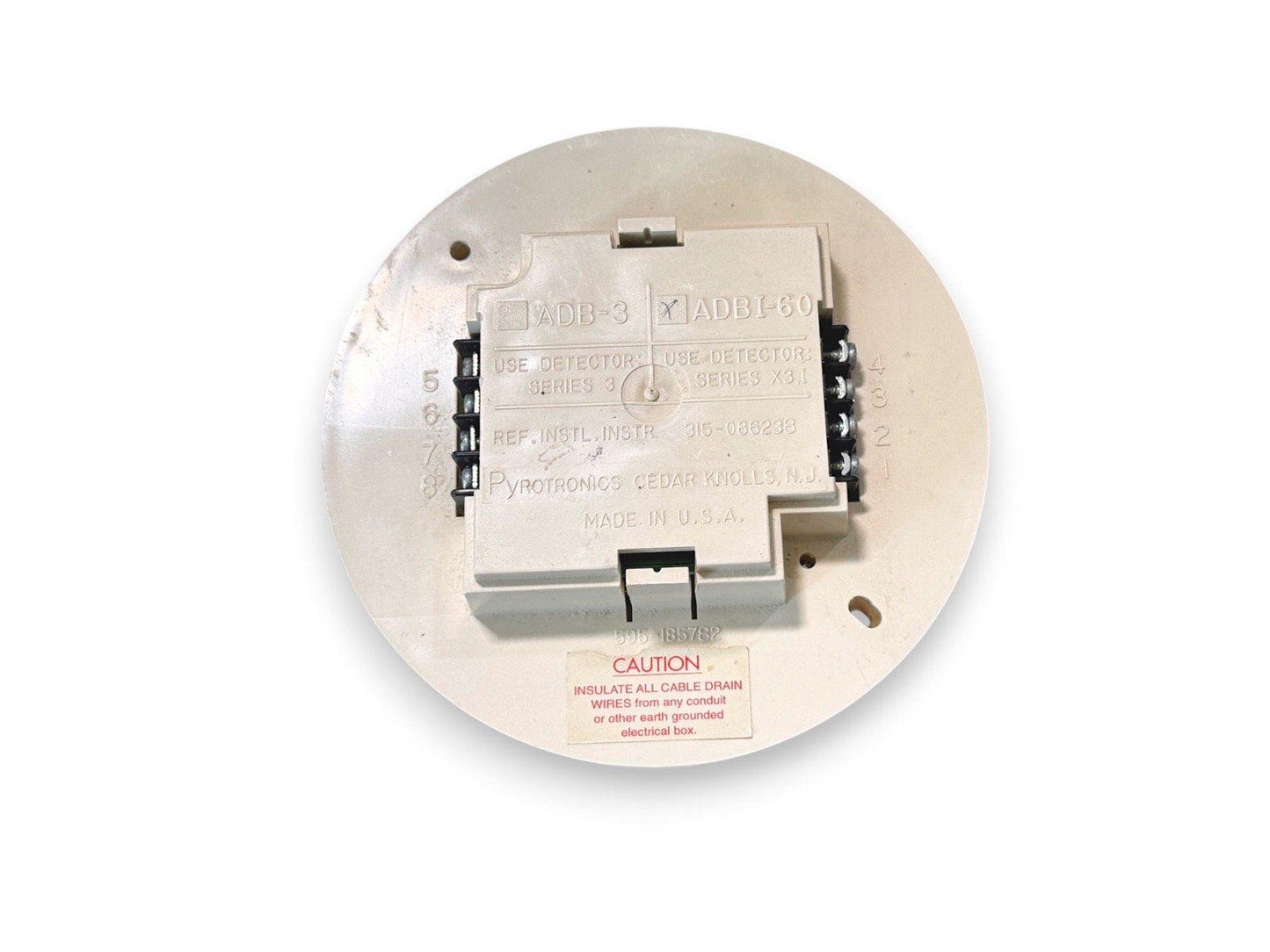 Pyrotronics ADBI-60 fire alarm base with terminal connections, made in USA, for Series X3.1 detectors