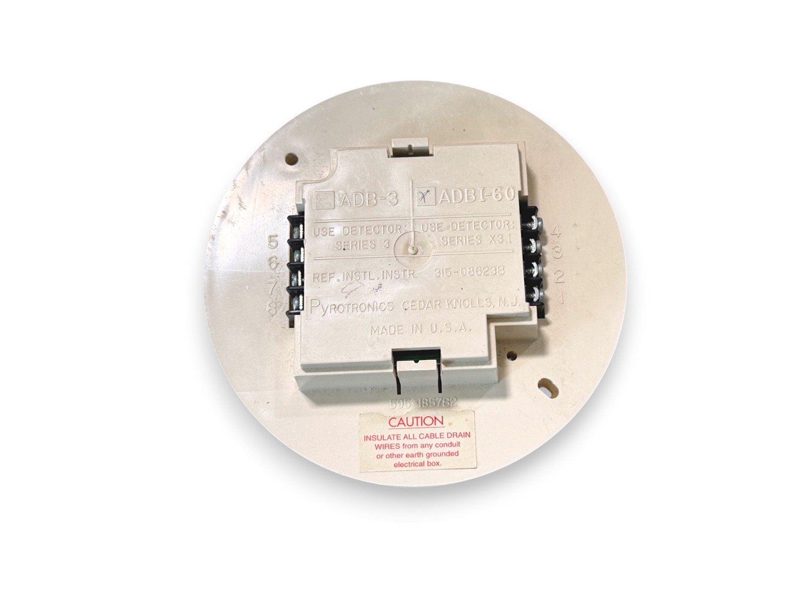 Pyrotronics ADBI-60 fire alarm base with terminal connections, made in USA, for Series X3.1 detectors