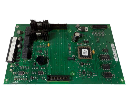 Green fire alarm control panel circuit board with EST chip and connectors for fire safety systems