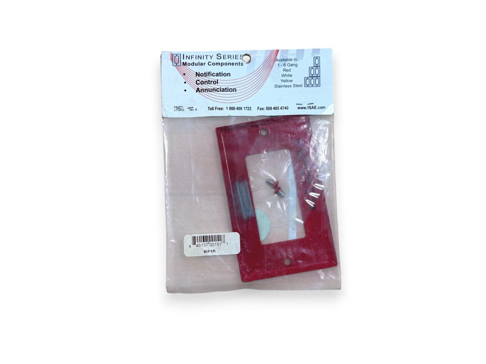 Red Infinity Series fire alarm notification control panel cover, modular component in packaging