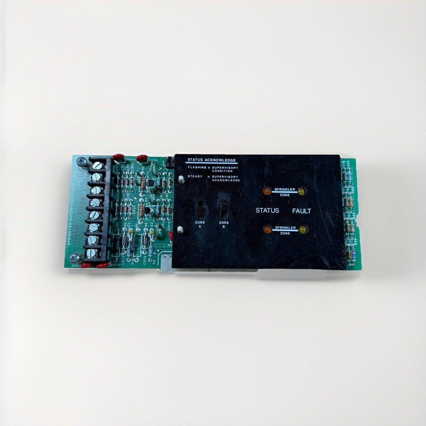 Sprinkler supervisory module circuit board with status and fault indicators for fire alarm systems