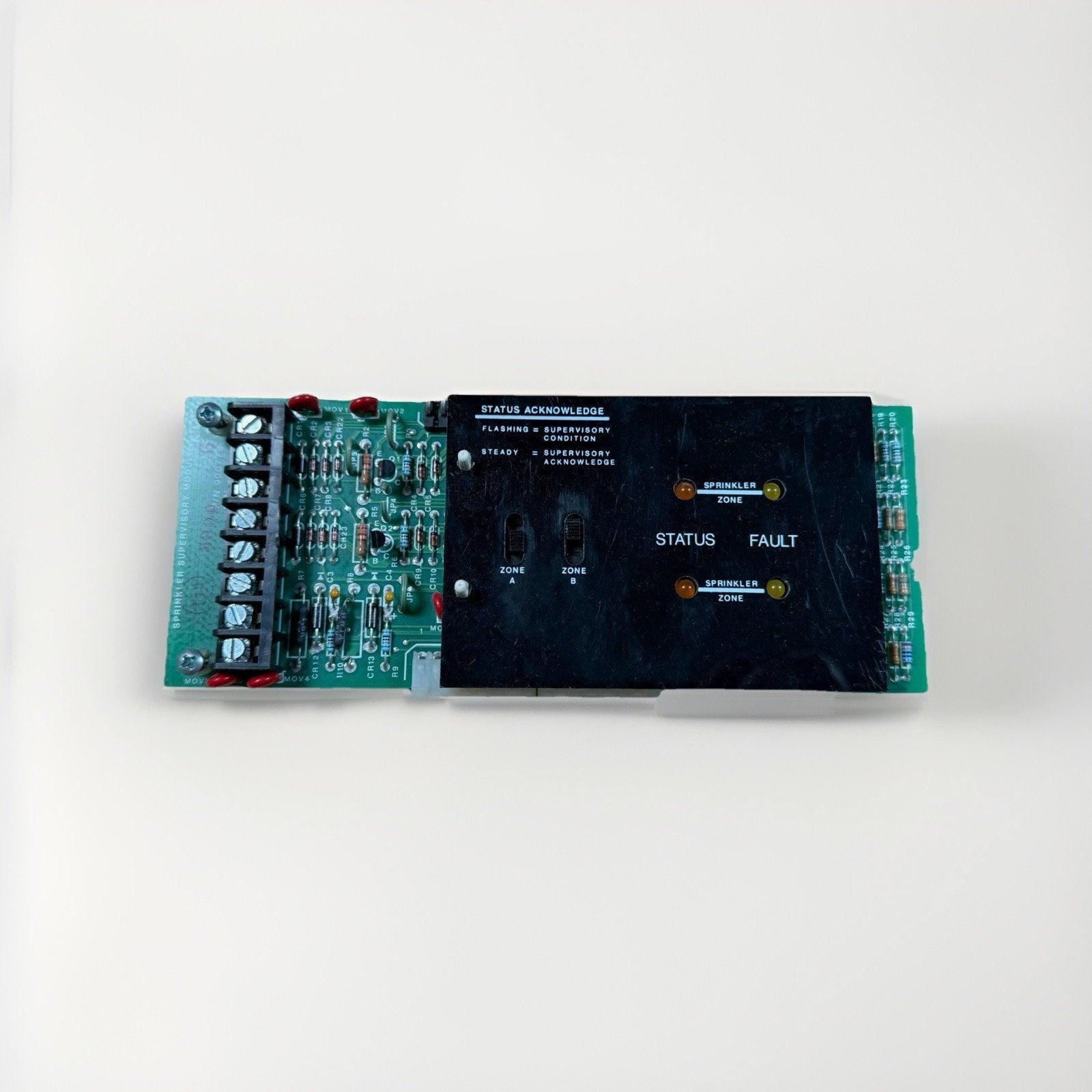 Sprinkler supervisory module circuit board with status and fault indicators for fire alarm systems