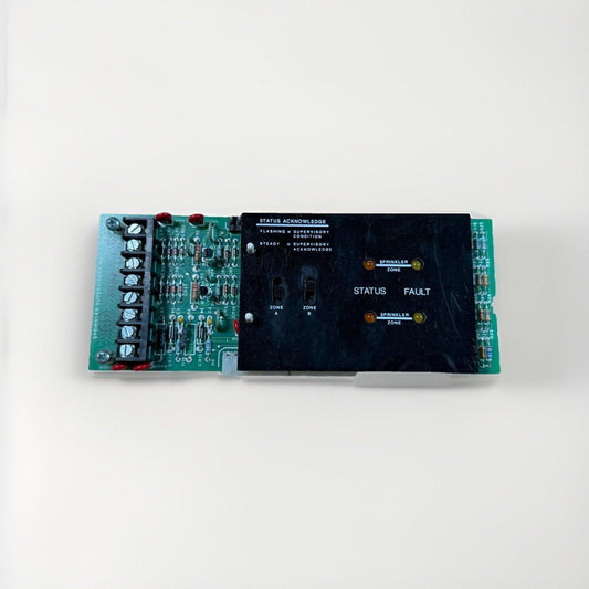 Sprinkler supervisory module circuit board with status and fault indicators for fire alarm systems