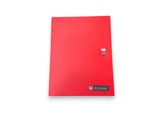 Red Altronix fire alarm control panel with key lock, used commercial safety equipment