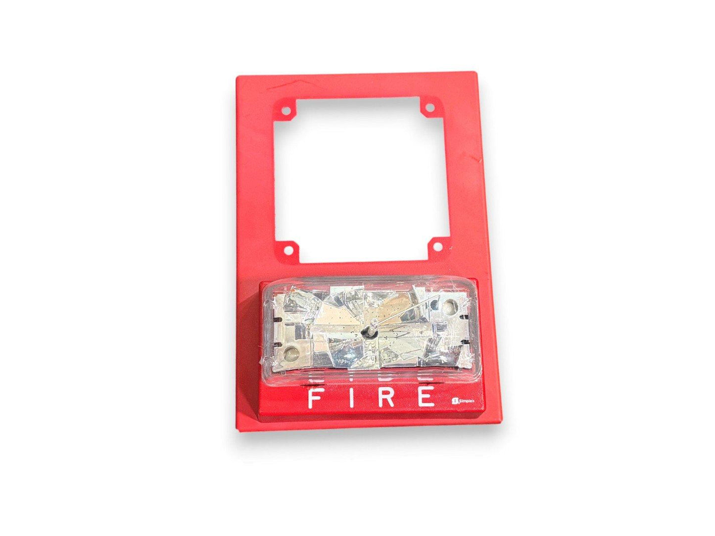 Red fire alarm pull station with clear cover and 'FIRE' label, used fire alarm equipment