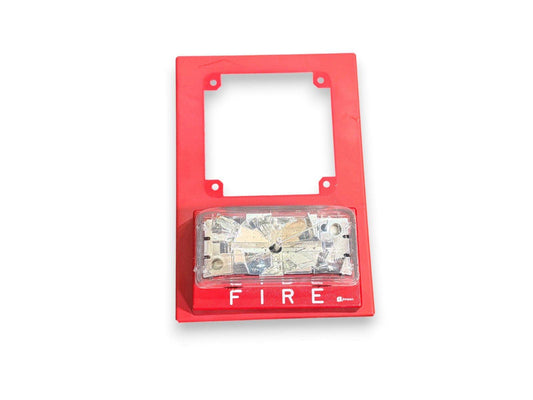 Red fire alarm pull station with clear cover and 'FIRE' label, used fire alarm equipment