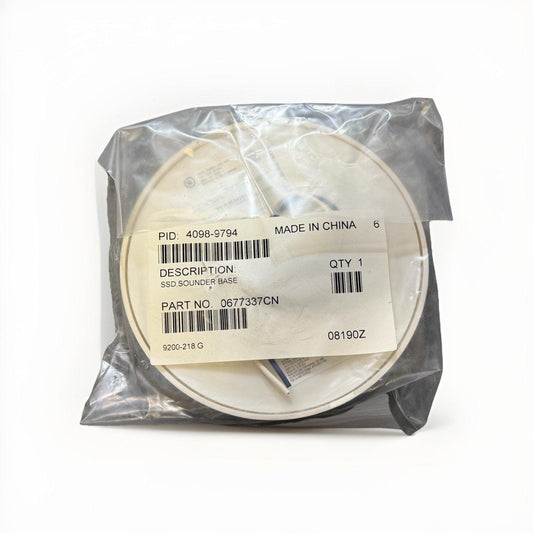 SSD Sounder Base fire alarm component in sealed packaging, part no. 0677337CN, made in China