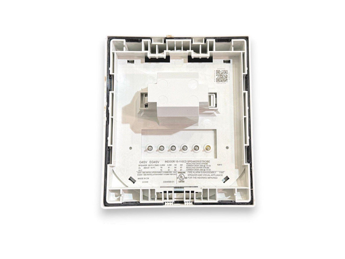 White fire alarm speaker strobe unit with wiring terminals and UL listing, for indoor use