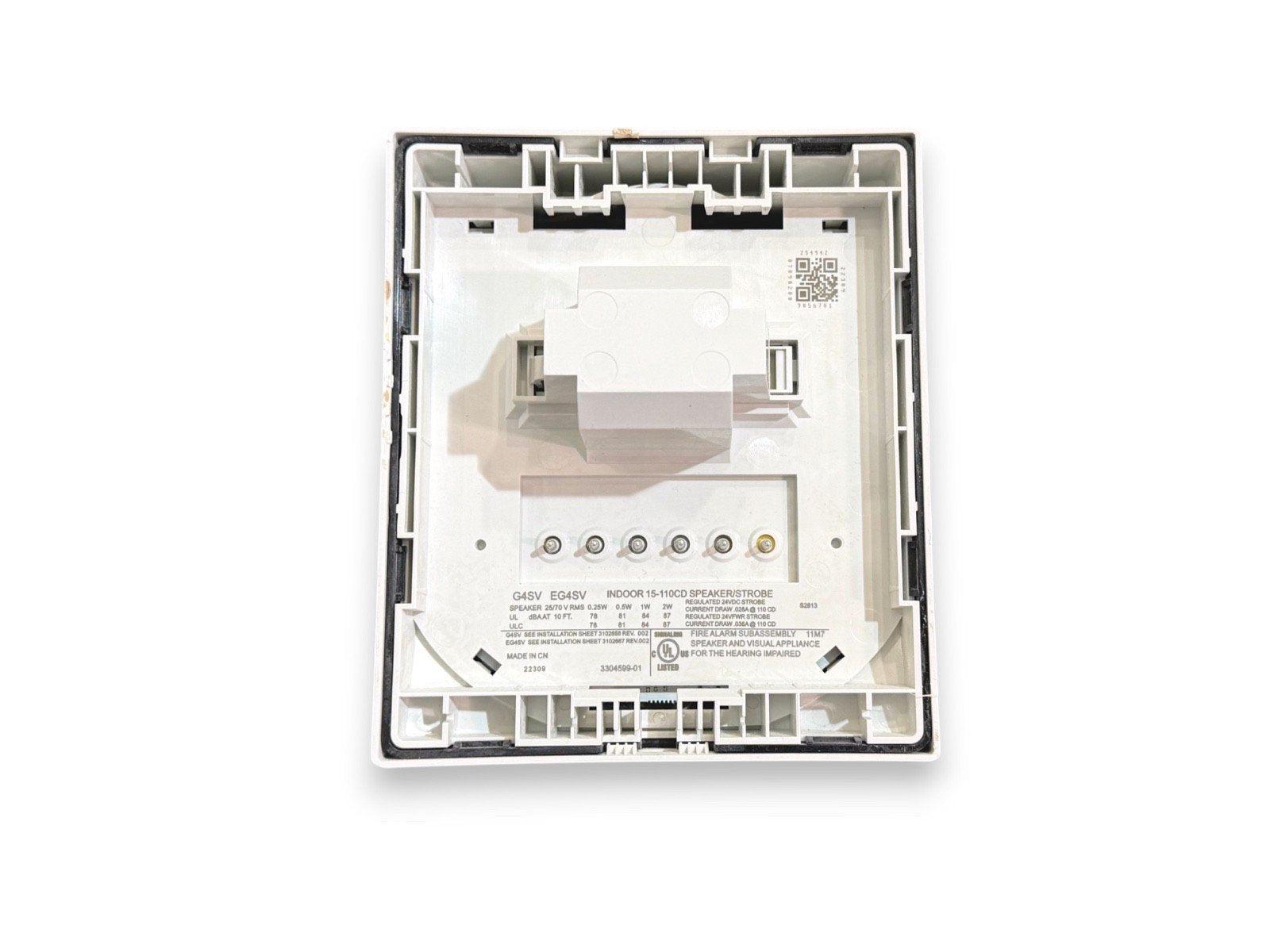 White fire alarm speaker strobe unit with wiring terminals and UL listing, for indoor use