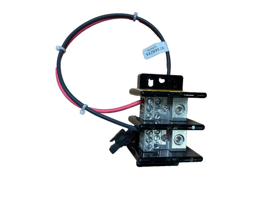 Fire alarm control module with red and black wiring, labeled 0734023A, for commercial security systems
