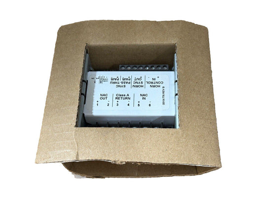 Fire alarm horn sync module with NAC in/out, Class A return, in cardboard packaging