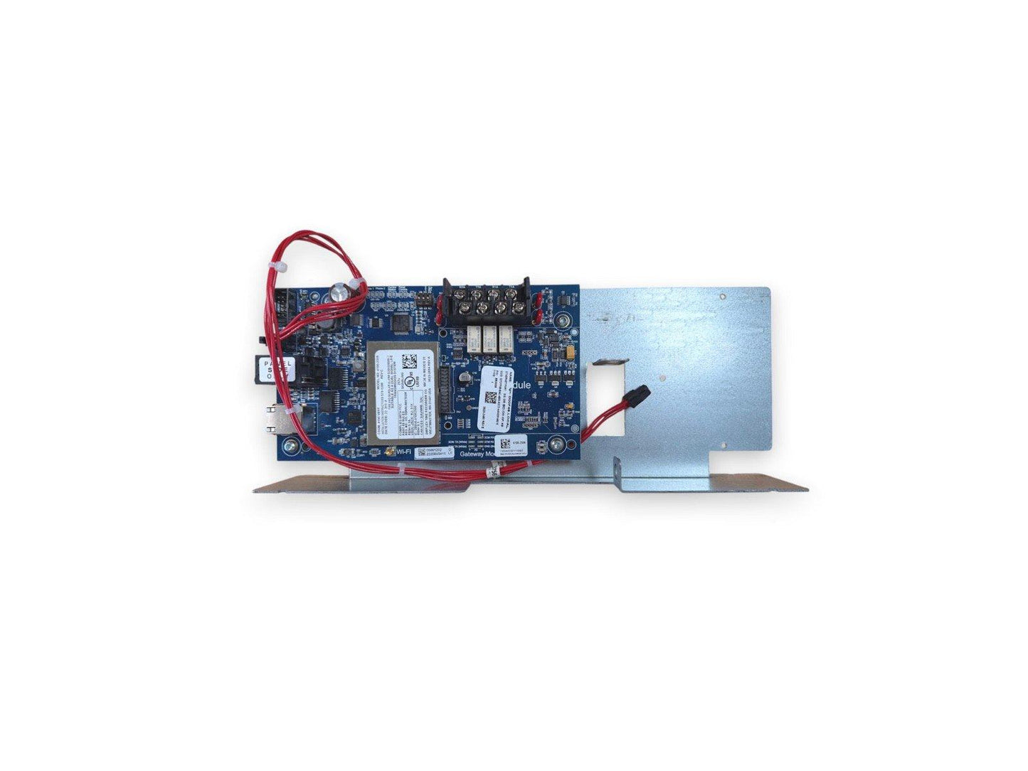 Fire alarm gateway module with Wi-Fi, red wiring, and metal bracket for system integration